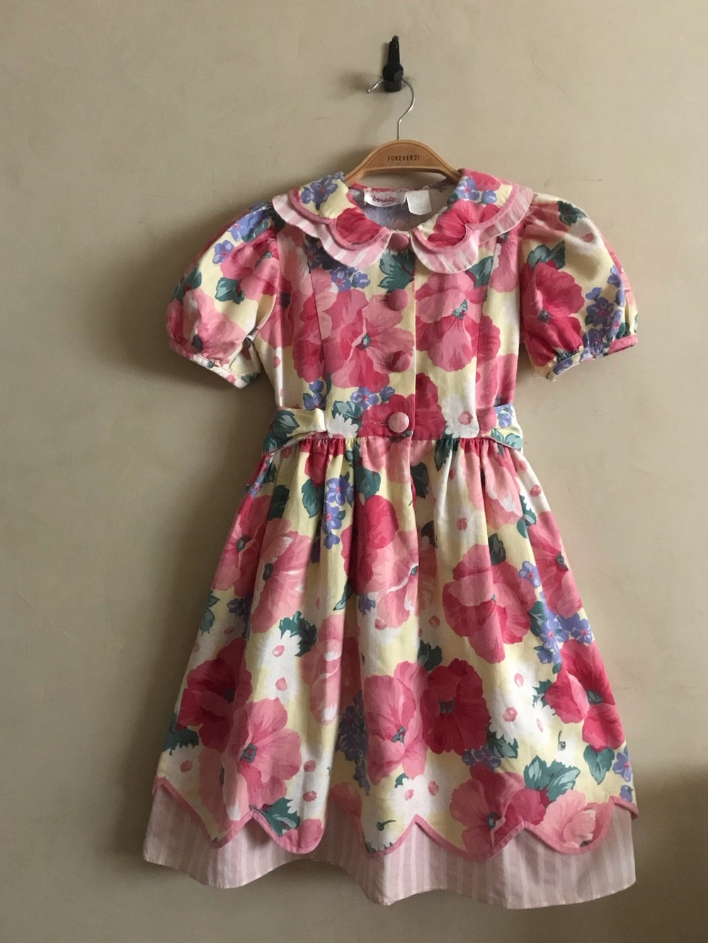 Vintage Girls Pink Floral Party Dress with Peter Pan Collar